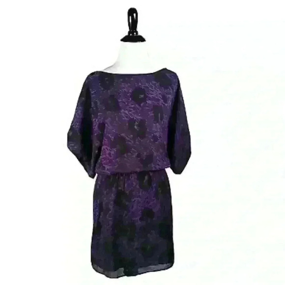 Jessica Simpson Dresses & Skirts - Jessica Simpson Purple Black Leopard Chiffon Short Sleeve Boat Neck Medium
